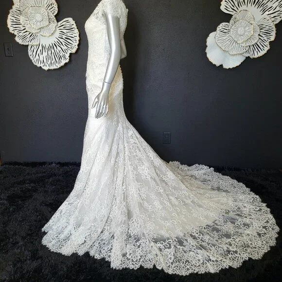 NWT~$1999~ELLA ROSA~SZ 4/6~IVORY OYSTER LACE FIT & FLARE WEDDING DRESS GOWN